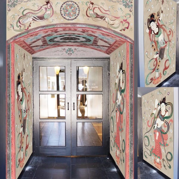 Entrance to Heavenly Asian Cuisine & Lounge with vibrant Asian-inspired murals and glass doors.