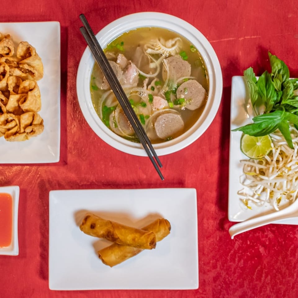 Overhead view of pho, fried wontons, spring rolls, and a side of basil, bean sprouts, and lime.